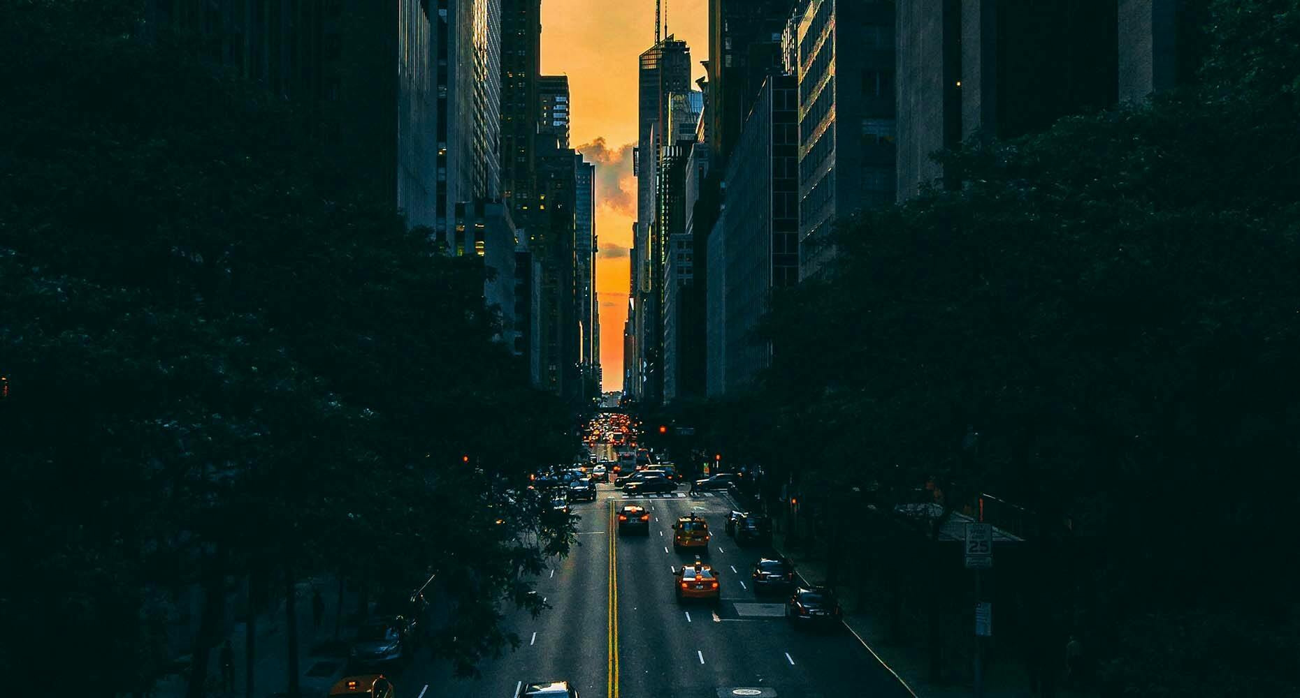 City street running into the sunset