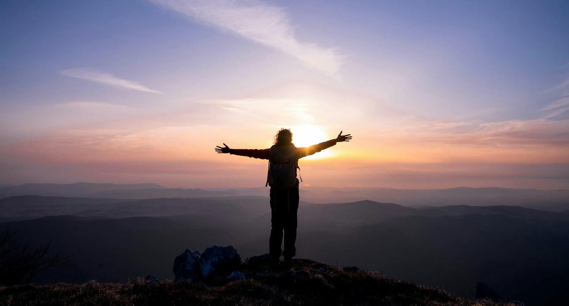 person standing at top of a mountain at sunset