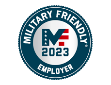 military friendly employer 2023 badge, blue circle with white text