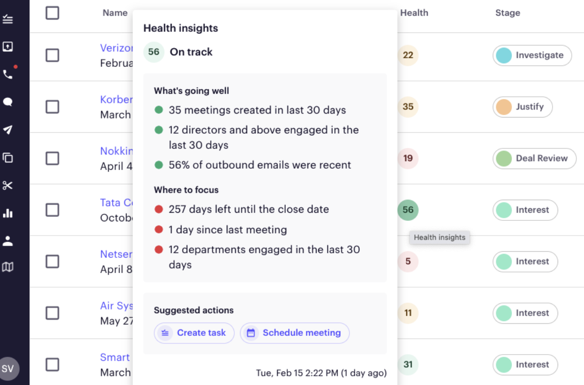 screenshot of computer screen, showing deal health insights in outreach platform