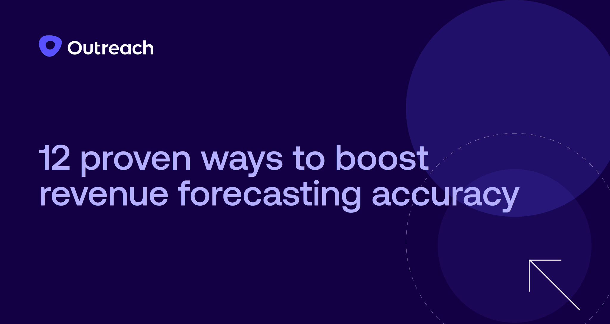 Dark blue Outreach-branded graphic with the headline “12 proven ways to boost revenue forecasting accuracy,” featuring overlapping circular shapes and an upward arrow symbolizing precision and improvement in revenue forecasting.