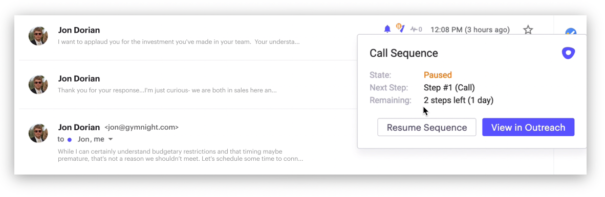 A view of call sequences in your inbox, coming from the Outreach platform