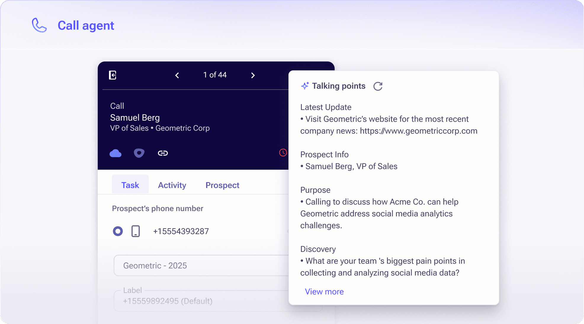 Outreach Call Agent interface showing an example call with personalized talking points, including buyer updates, discovery questions, and prospect details to guide the seller’s conversation.