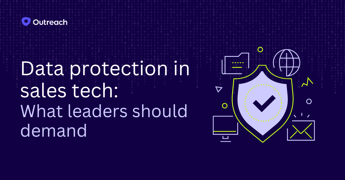 Outreach graphic with shield icon and digital security symbols alongside the headline “Data protection in sales tech: What leaders should demand.