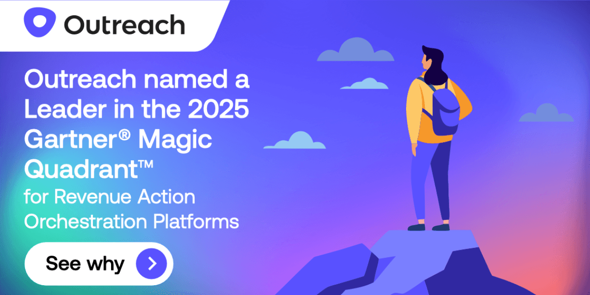 Gradiant background with graphic of man standing on rock, with text "Outreach named a Leader in the 2025 Gartner Magic Quadrant"