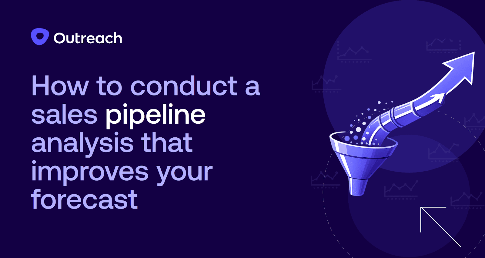 Dark purple feature image with the Outreach logo and the title “How to conduct a sales pipeline analysis that improves your forecast.” An abstract illustration shows a funnel feeding into a segmented arrow rising upward, symbolizing pipeline inspection, cleaner data, and more accurate forecasting.