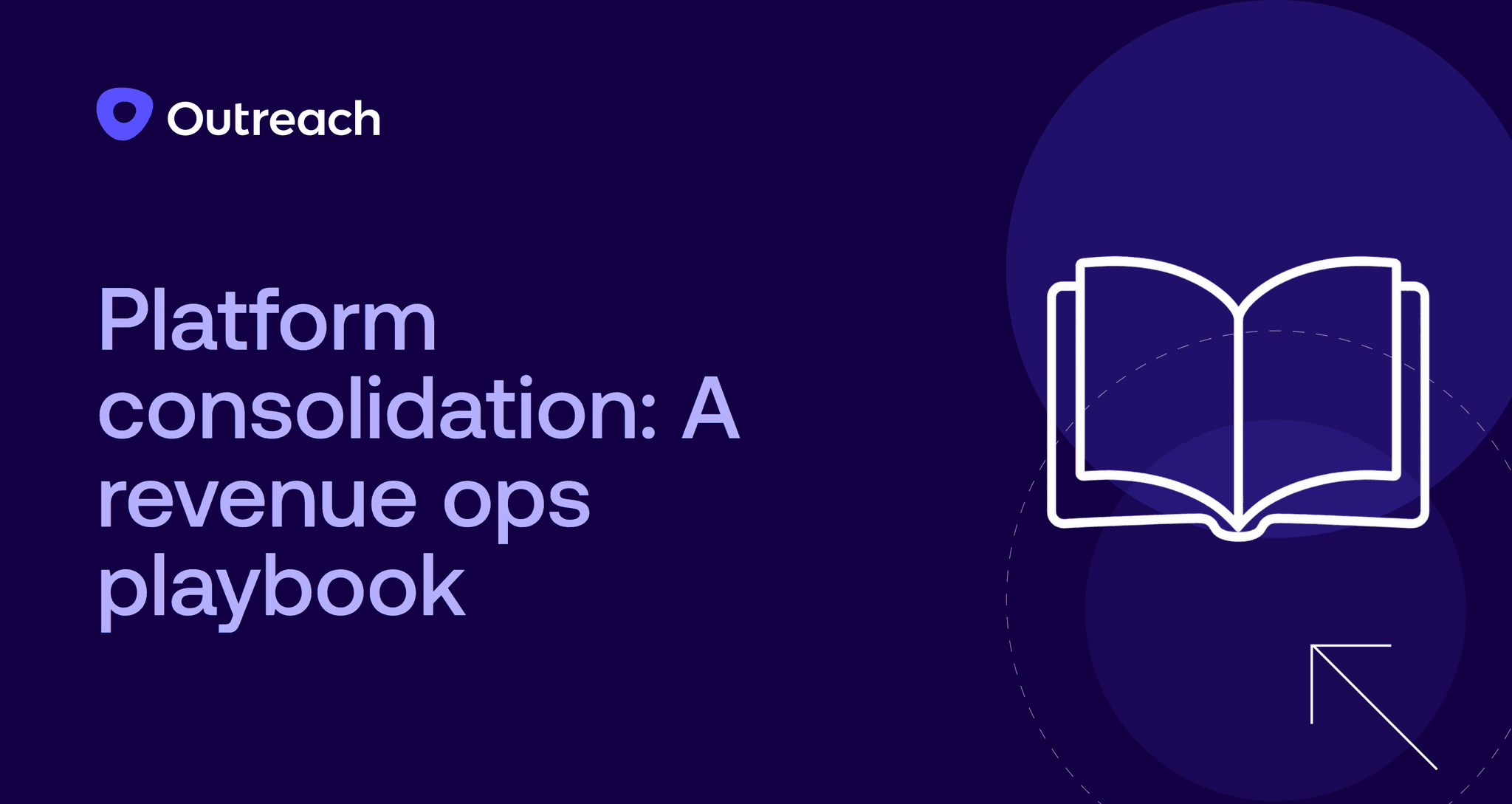 Outreach branded feature image with dark purple background and abstract circular design elements. The title "Platform consolidation: A revenue ops playbook" appears in light purple text on the left, with a minimalist white line illustration of an open book on the right. The Outreach logo is positioned in the upper left corner.