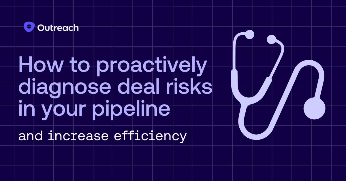 Dark blue background with text "How to proactively diagnose deal risks in your pipeline and increase efficiency" with stethoscope icon on the right