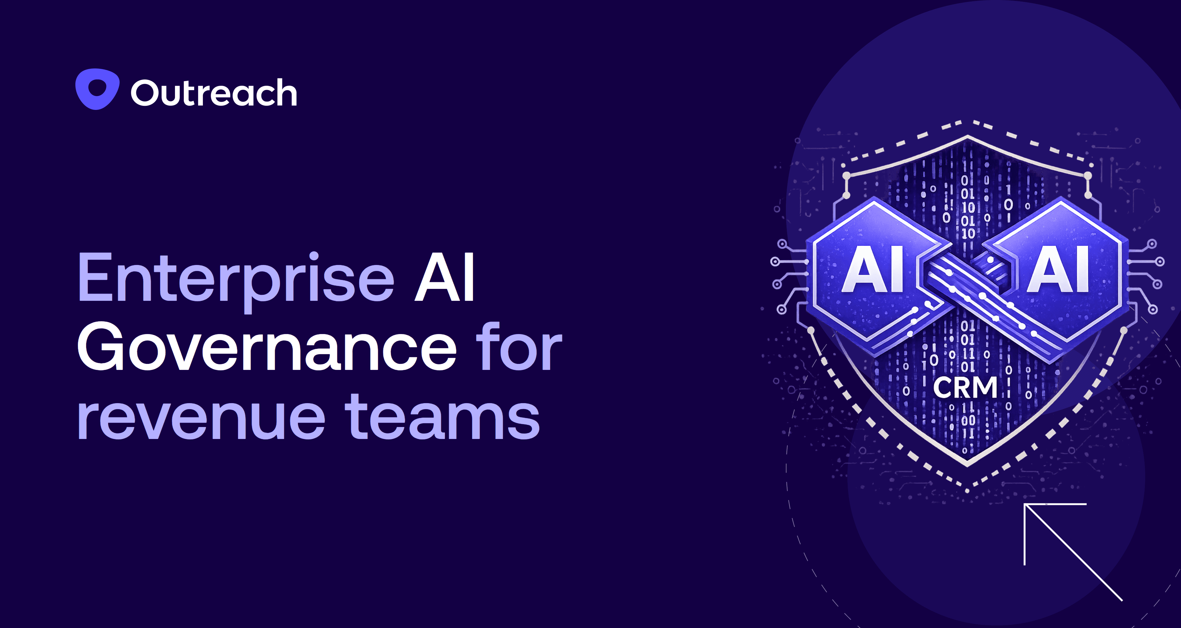 Dark purple feature image with the Outreach logo and the title “Enterprise AI governance for revenue teams.” A stylized chessboard illustration depicts chess pieces connected to a central AI chip icon, along with symbols such as a dollar sign, percentage, shopping cart, and bar chart, representing AI oversight across revenue operations and business strategy.