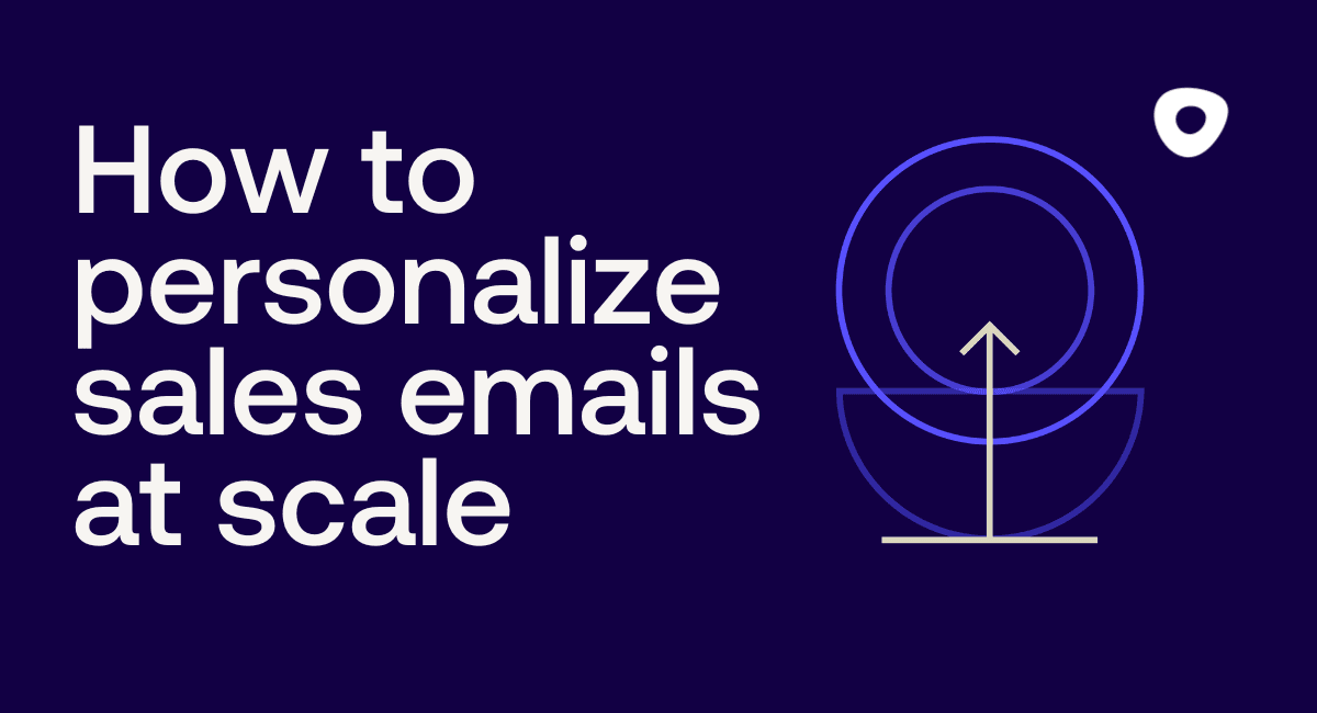 Dark blue background with text "How to personalize sales emails at scale" with geometric shapes on right.