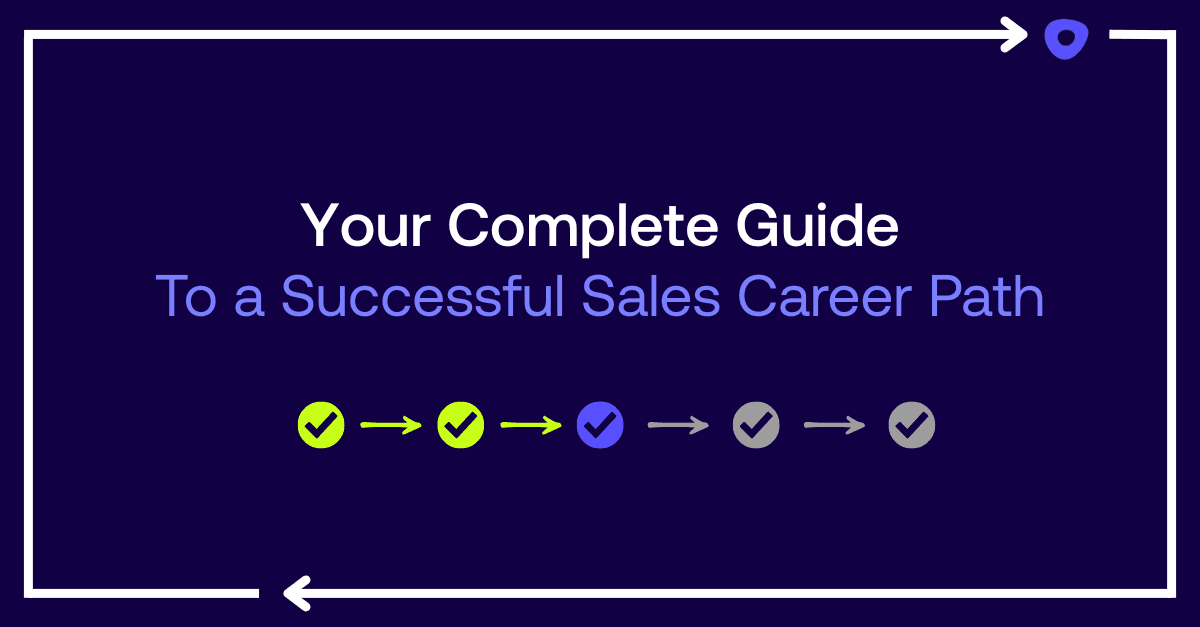 Dark blue background with a timeline and text "Your complete guide to a successful sales career path."