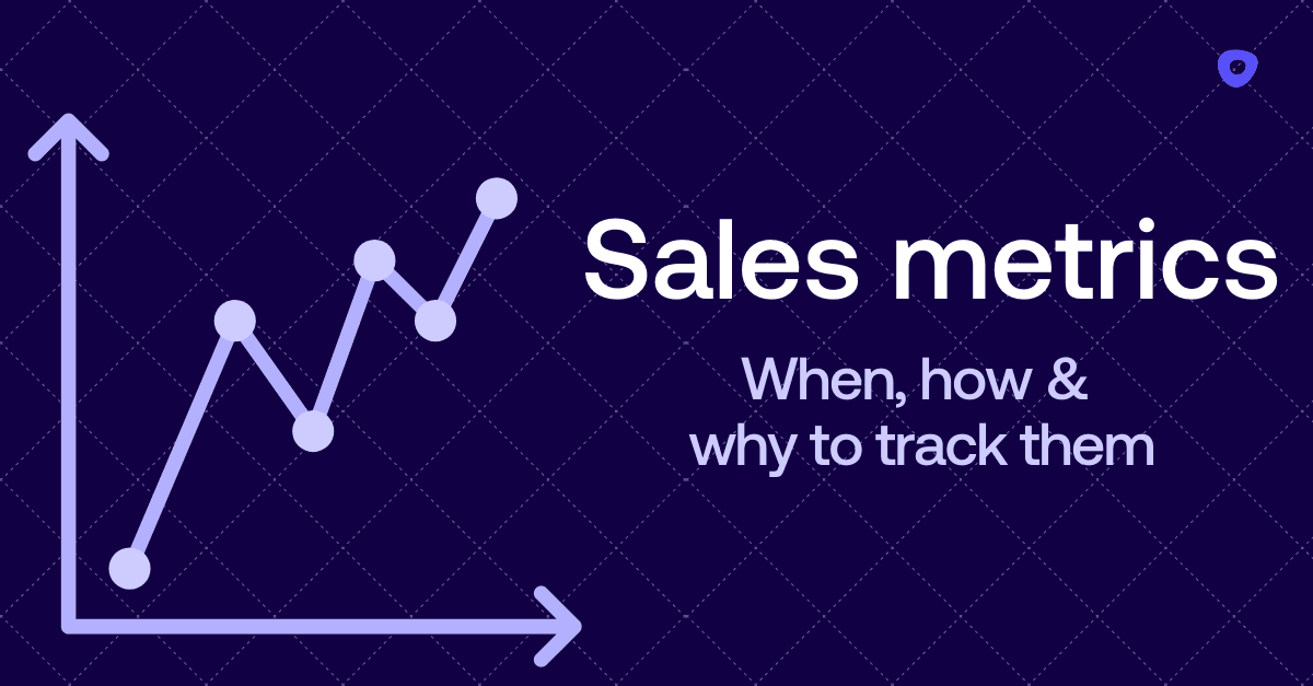 Dark blue background with Outreach logo, and text "Sales metrics: when, how, and why to track them." Line graph to the left of text.