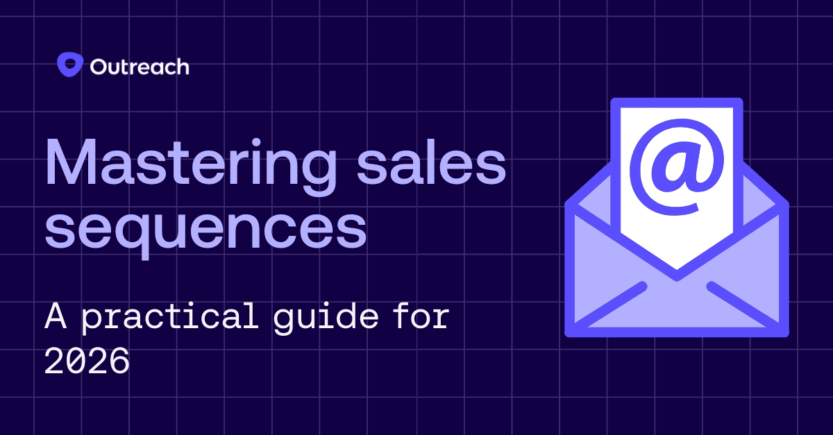 Dark blue background with text "Mastering sales sequences: A practical guide for 2026" with an envelope and @ side iconography on the right.