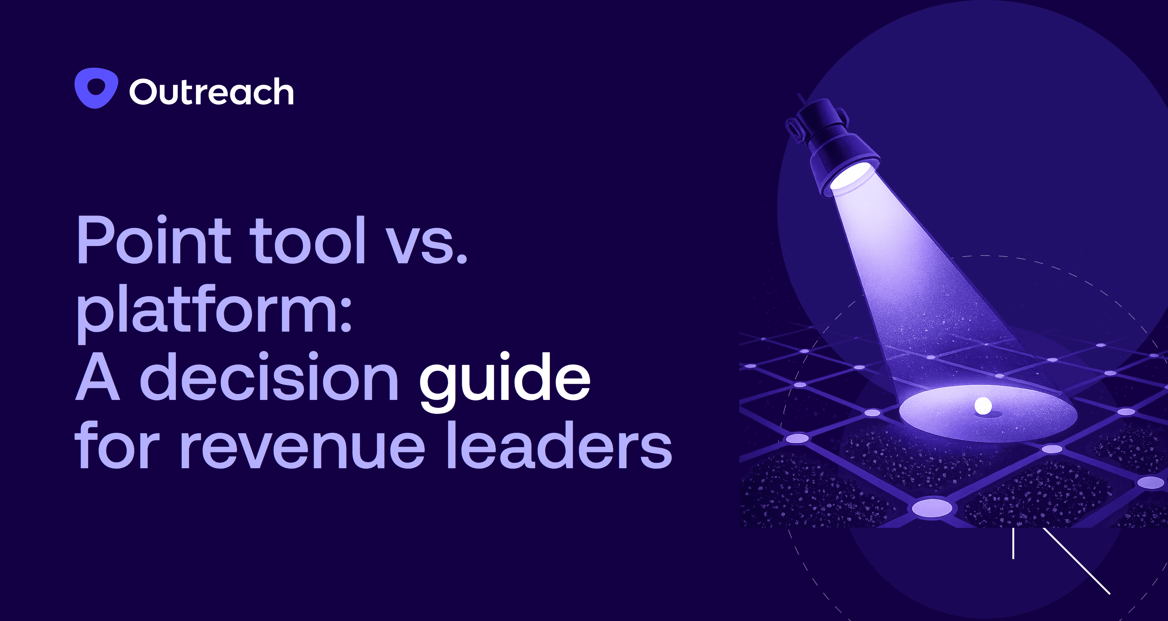 Dark purple feature image with the Outreach logo and the title “Point tool vs. platform: A decision guide for revenue leaders.” An abstract illustration shows a spotlight illuminating a single node on a connected grid, symbolizing evaluating standalone tools versus unified platforms and choosing the right revenue tech stack.