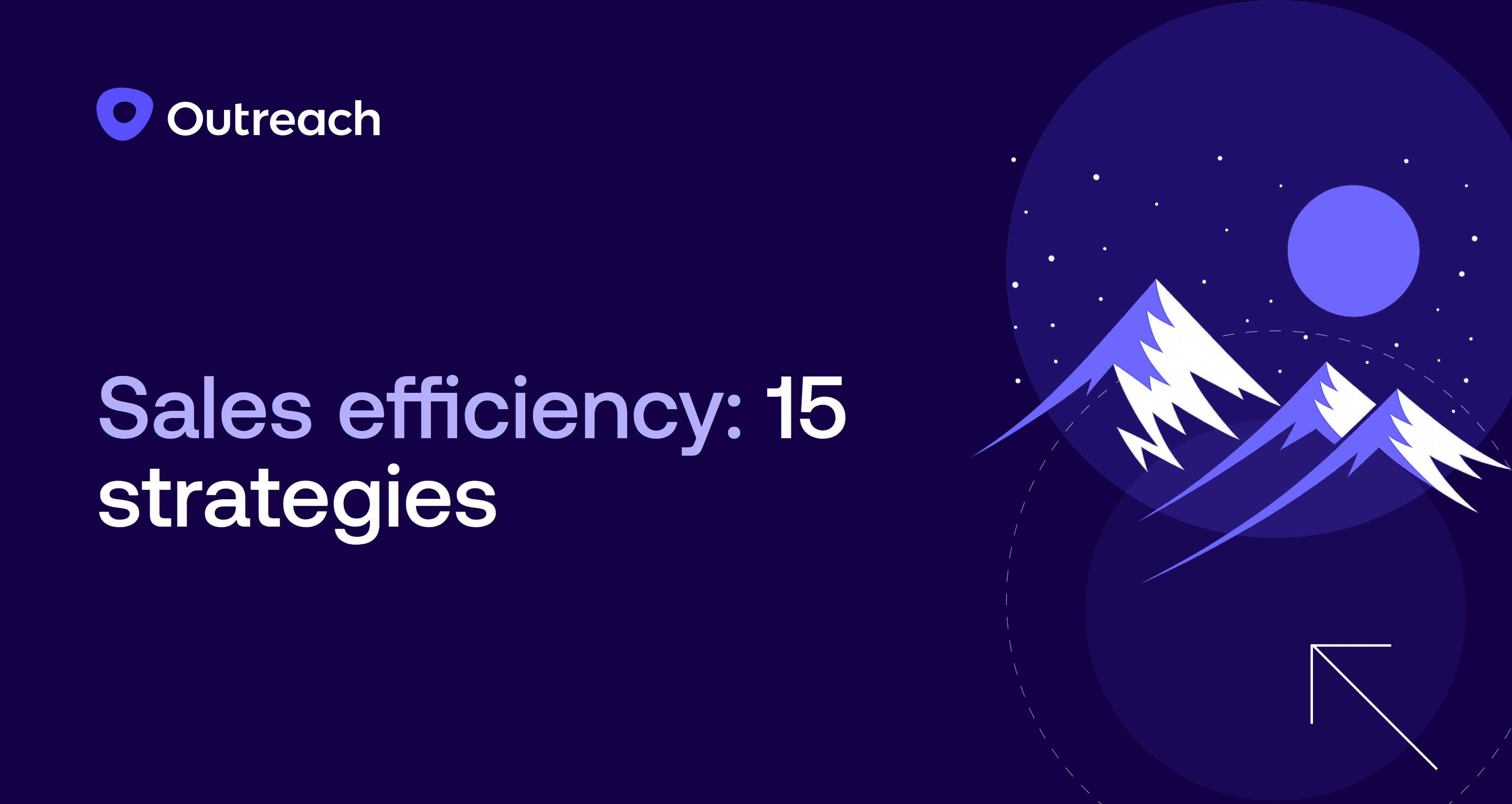 Dark purple feature image with the Outreach logo and the title ‘Sales efficiency: 15 strategies.’ An abstract illustration shows stylized mountains, a moon, and dotted paths, symbolizing growth, progress, and performance in sales.