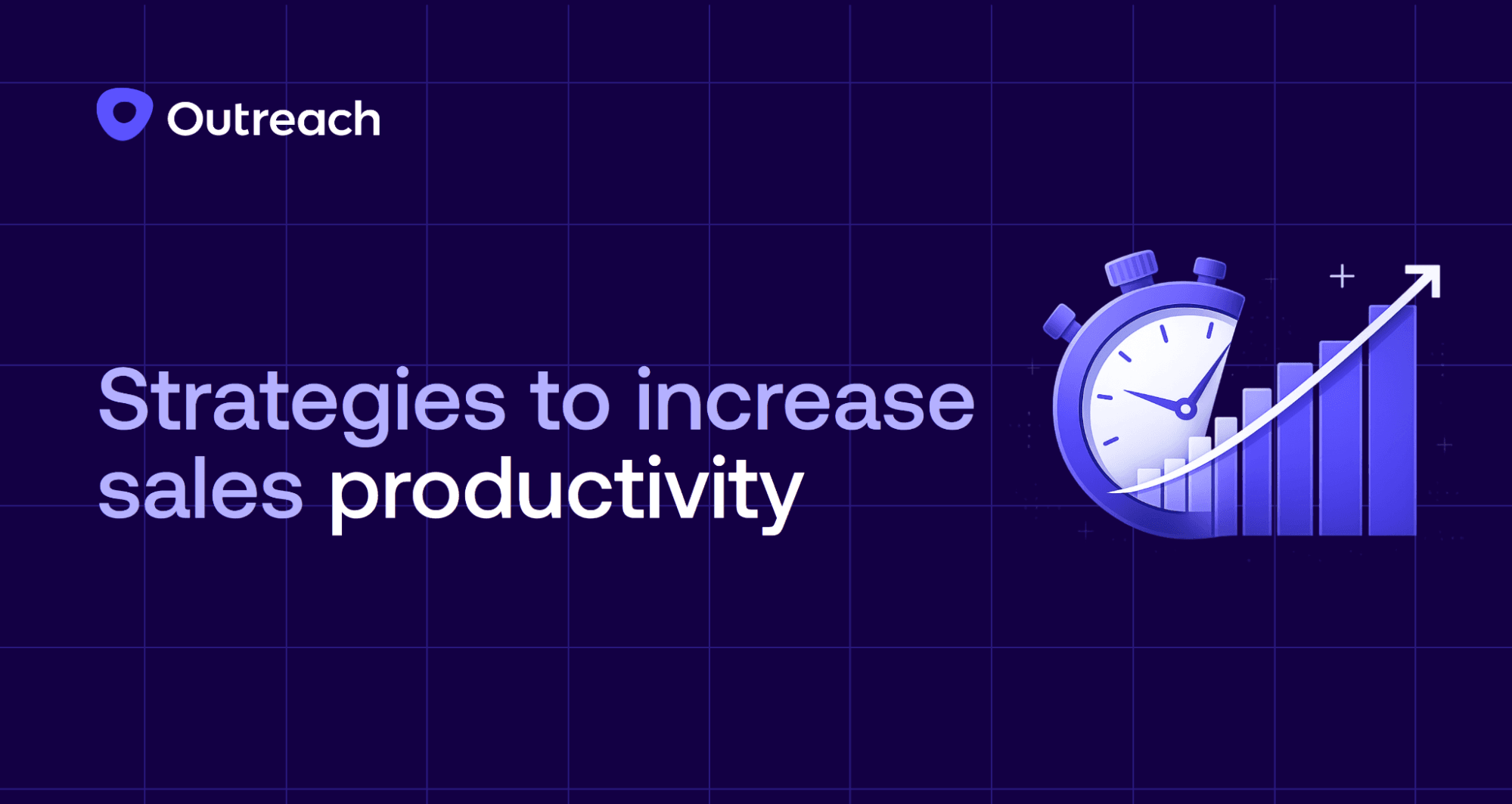 Dark purple feature image with the Outreach logo and the title “Strategies to increase sales productivity.” An abstract illustration shows a stopwatch beside a rising bar chart and upward arrow, symbolizing time savings, efficiency, and accelerating sales output.