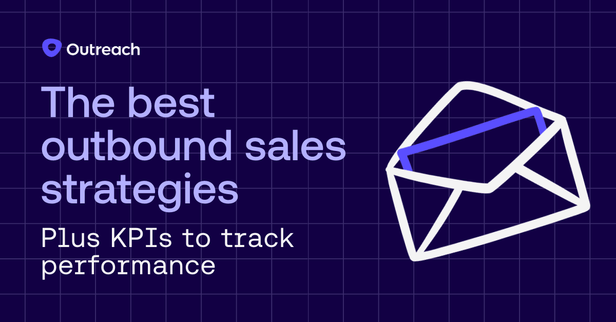 Dark blue background with text "The best outbound sales strategies. Plus KPIs to track performance" with animated envelope graphic.
