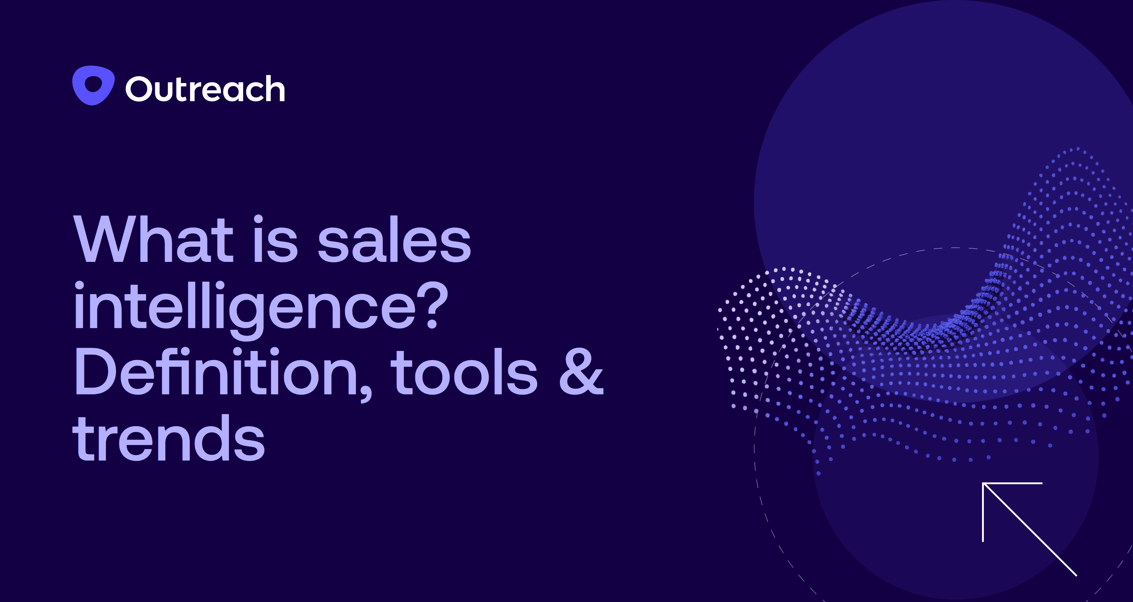 Purple gradient background with Outreach logo and title "What is sales intelligence? Definition, tools & trends" alongside abstract dotted wave pattern representing data flow and intelligence gathering