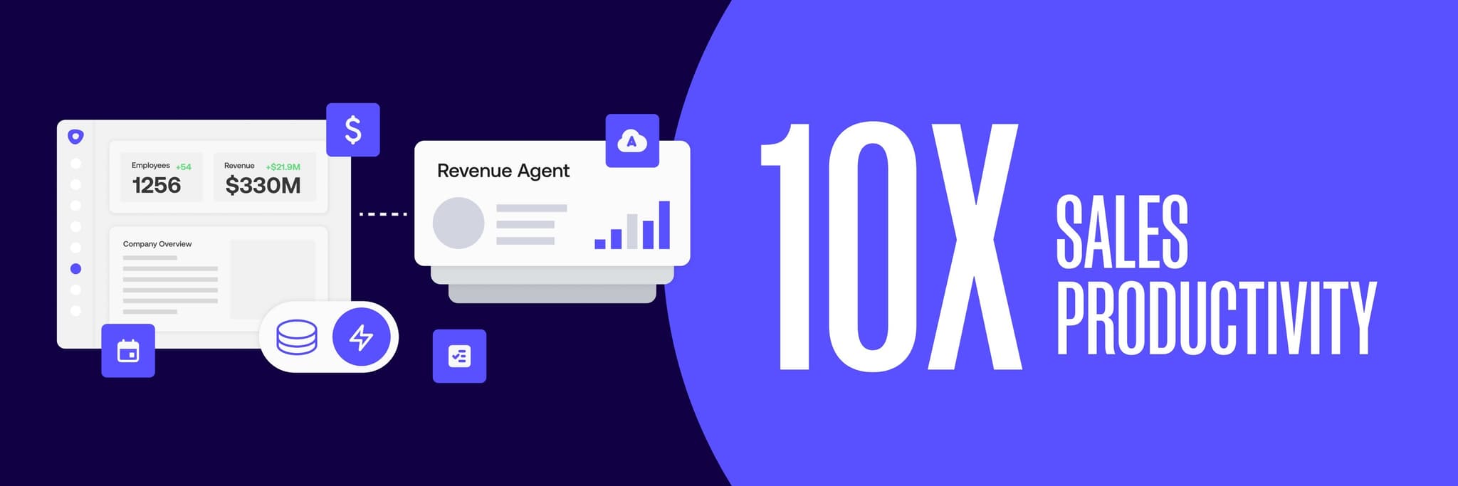 Illustration showing Outreach Revenue Agent dashboards and analytics with the text “10X Sales Productivity,” highlighting how AI-driven insights boost efficiency in sales workflows.