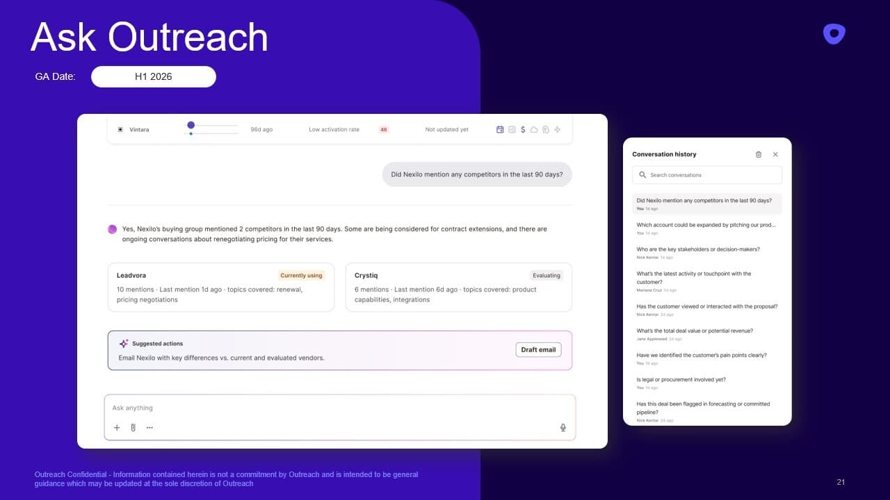 Outreach's new feature called Ask Outreach presented on their new home page.