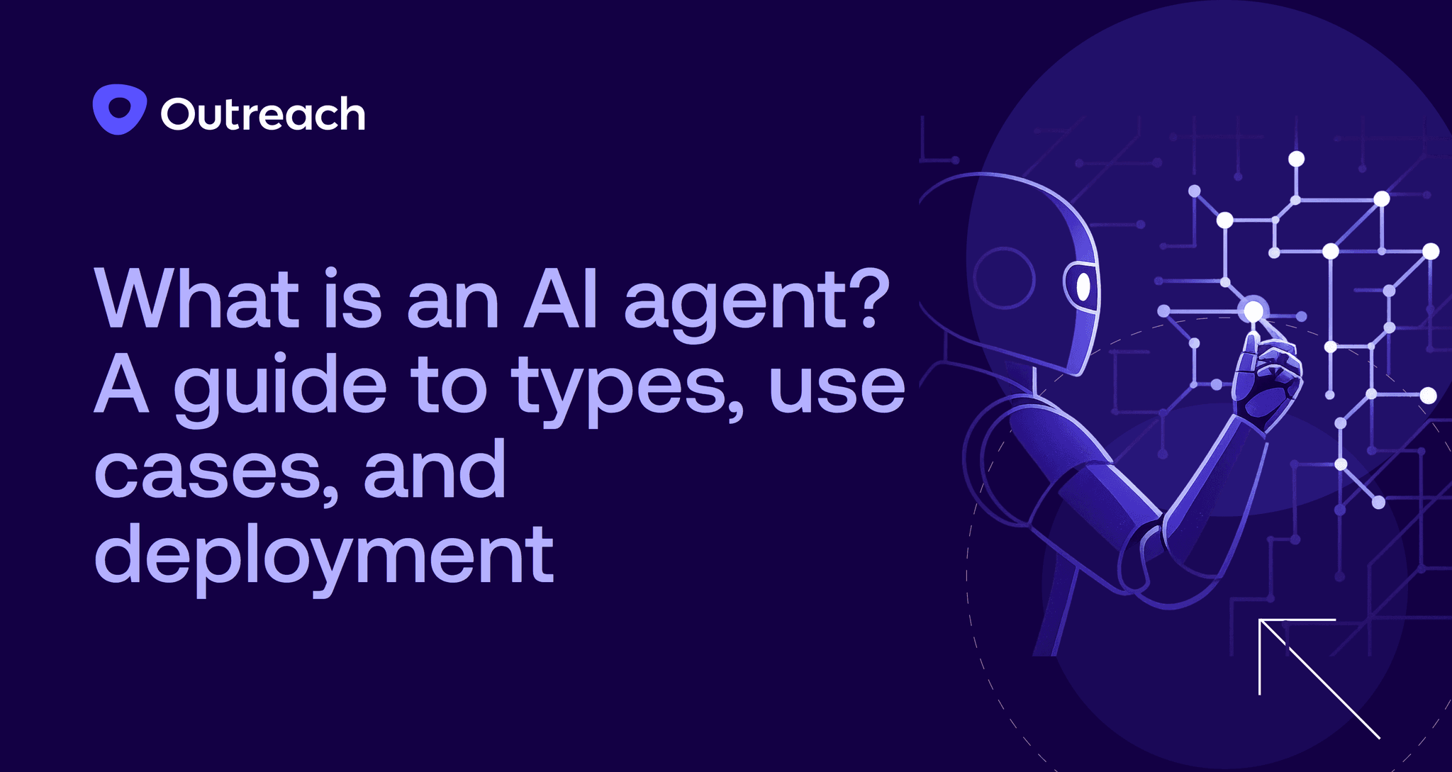 Dark purple feature image with the Outreach logo and the title “What is an AI agent? A guide to types, use cases, and deployment.” An abstract illustration shows a humanoid AI figure reaching toward a network of connected nodes and circuit lines, symbolizing agent architectures, real-world applications, and deploying AI across sales workflows.