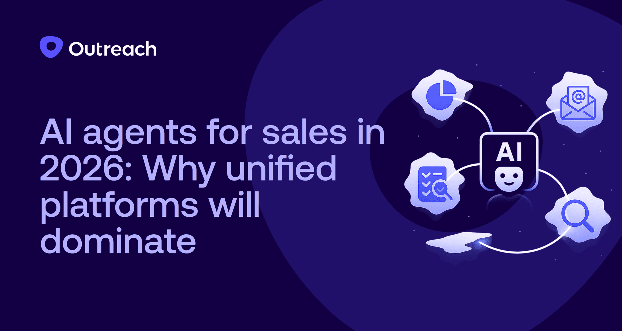 Dark blue Outreach-style header graphic with text reading ‘AI agents for sales in 2026: Why unified platforms will dominate.’ On the right, a central AI icon is connected to four glowing vector symbols representing analytics, email, search, and task management.
