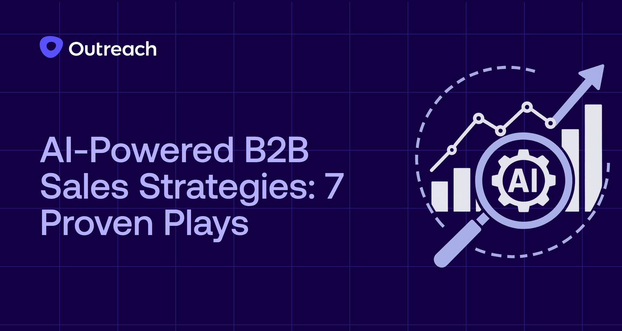 Dark blue Outreach-branded graphic with the headline "AI-Powered B2B Sales Strategies: 7 Proven Plays" featuring a magnifying glass over a gear labeled “AI,” connected to rising bar and line charts symbolizing data-driven sales growth.