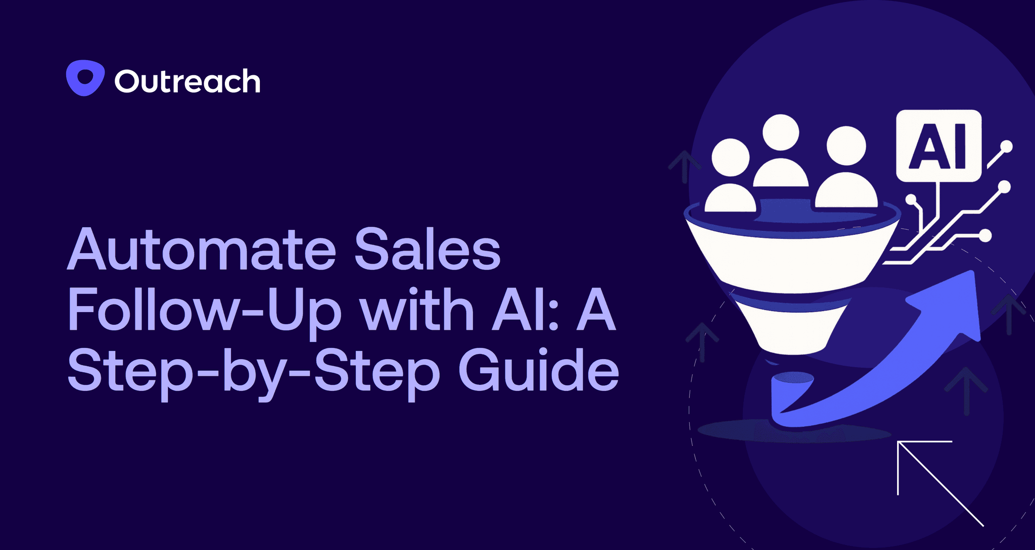 Dark blue Outreach-branded graphic with the headline "Automate Sales Follow-Up with AI: A Step-by-Step Guide" featuring an illustration of a sales funnel with people icons, connected to AI circuits, and an upward arrow symbolizing growth.