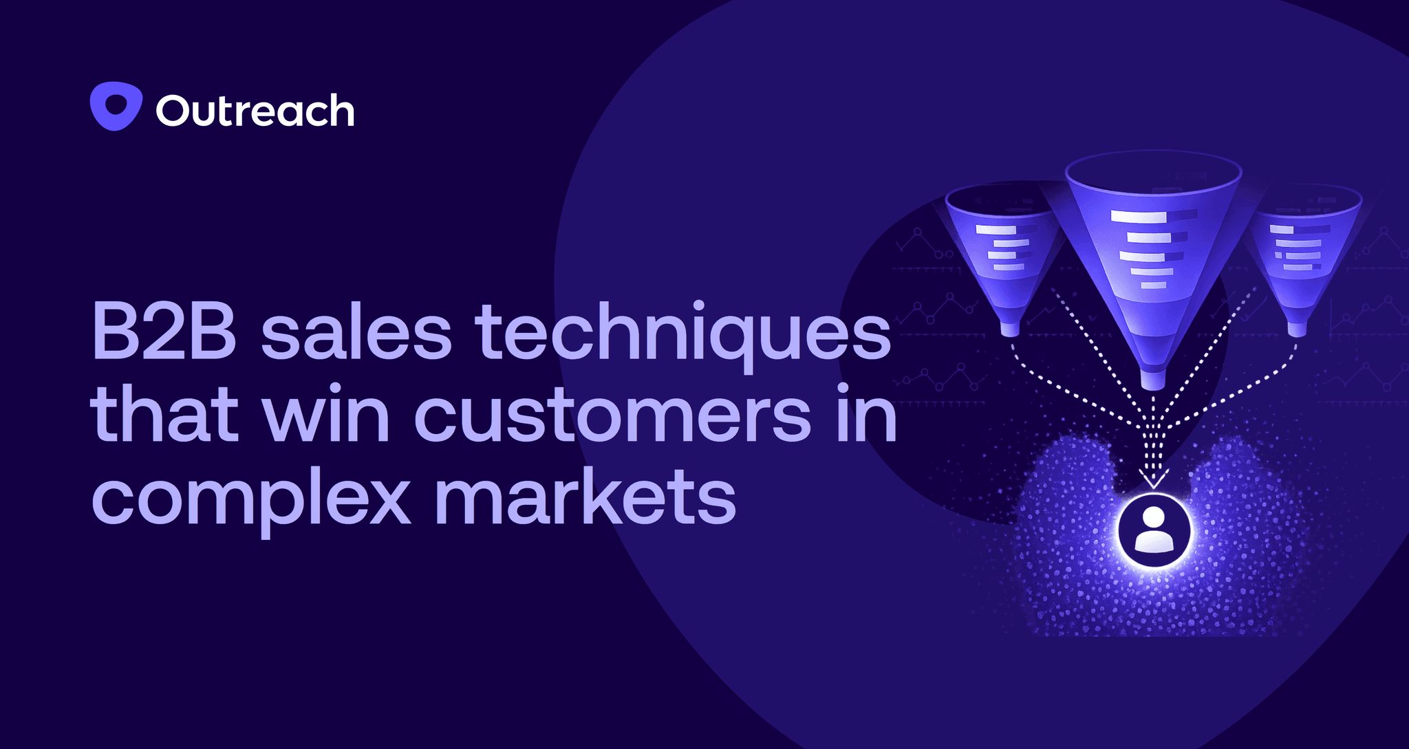 Purple illustration of a multi-stage sales funnel with data points and growth indicators representing successful B2B sales techniques.