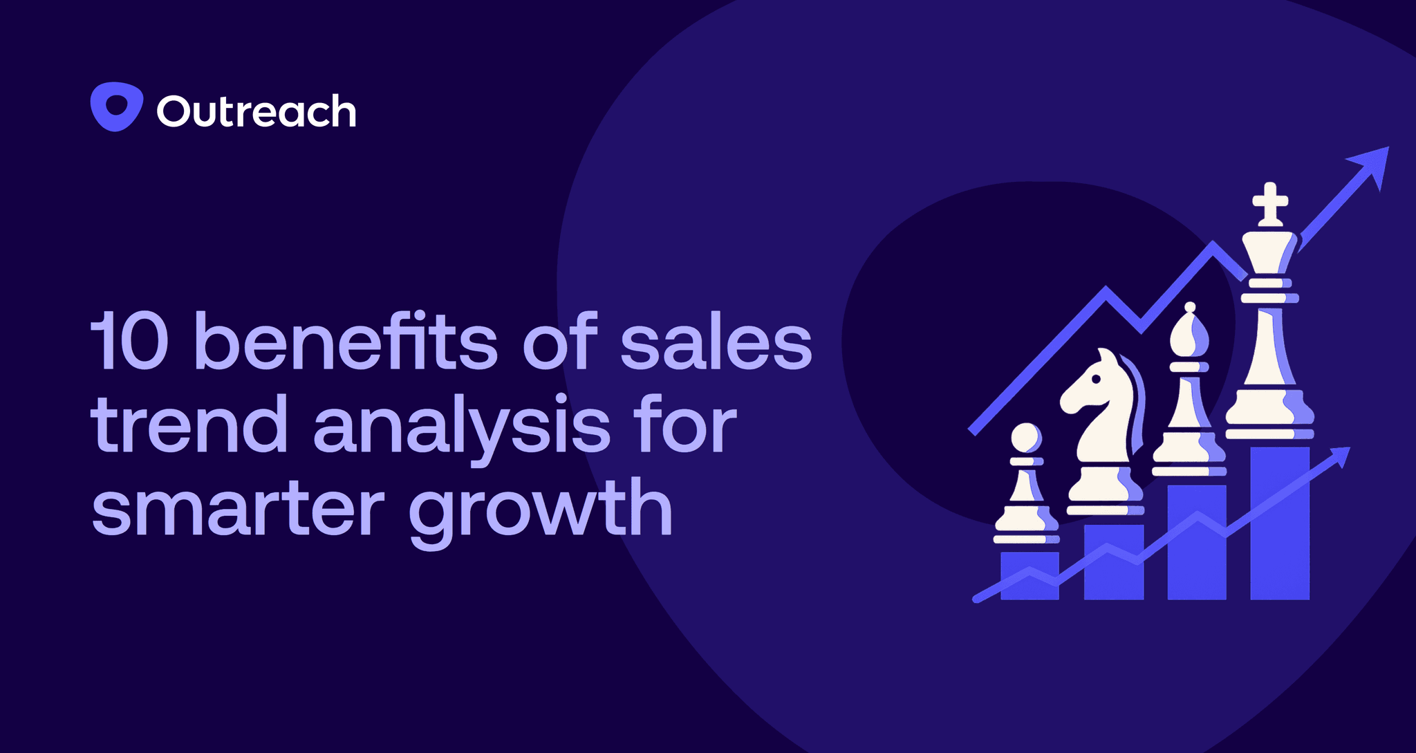 Dark blue Outreach-branded graphic with the headline “10 benefits of sales trend analysis for smarter growth,” featuring chess pieces ascending along bar charts with an upward arrow, symbolizing strategy and data-driven business growth.