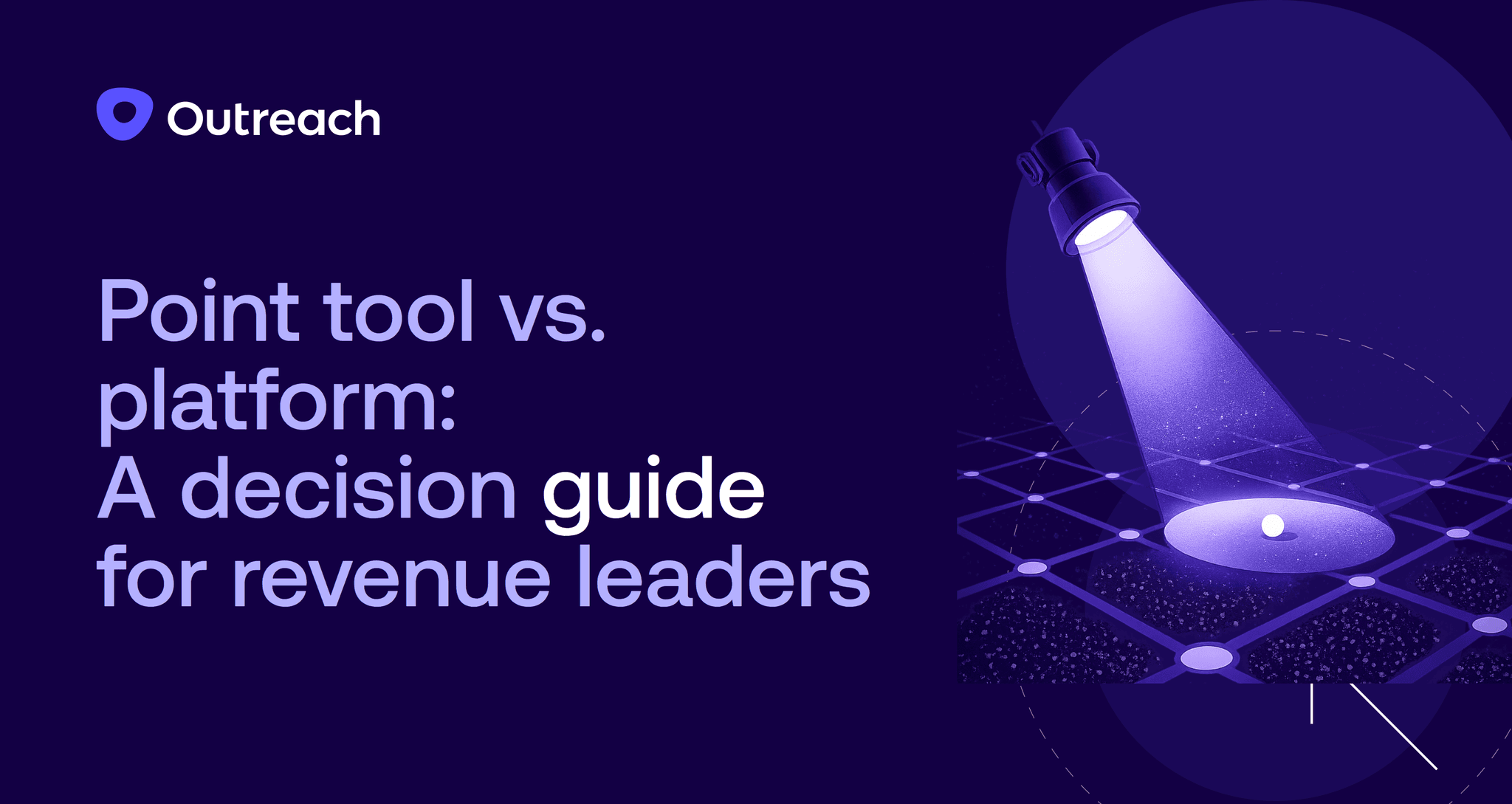 Dark purple feature image with the Outreach logo and the title “Point tool vs. platform: A decision guide for revenue leaders.” An abstract illustration shows a spotlight illuminating a single node on a connected grid, symbolizing evaluating standalone tools versus unified platforms and choosing the right revenue tech stack.
