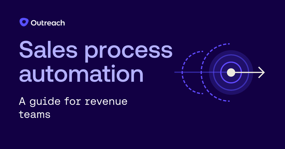 Outreach branded graphic with the title "Sales process automation: A guide for revenue teams" on a dark blue background with abstract flowing wave design