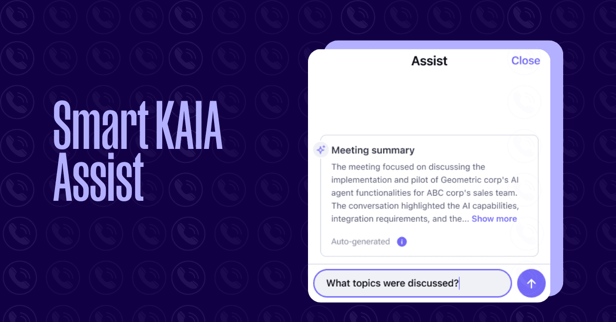 Outreach Mobile App screen showing Kaia Assist. The interface displays an auto-generated meeting summary about AI capabilities, with a user typing a query “What topics were discussed?” into the Assist search bar at the bottom.