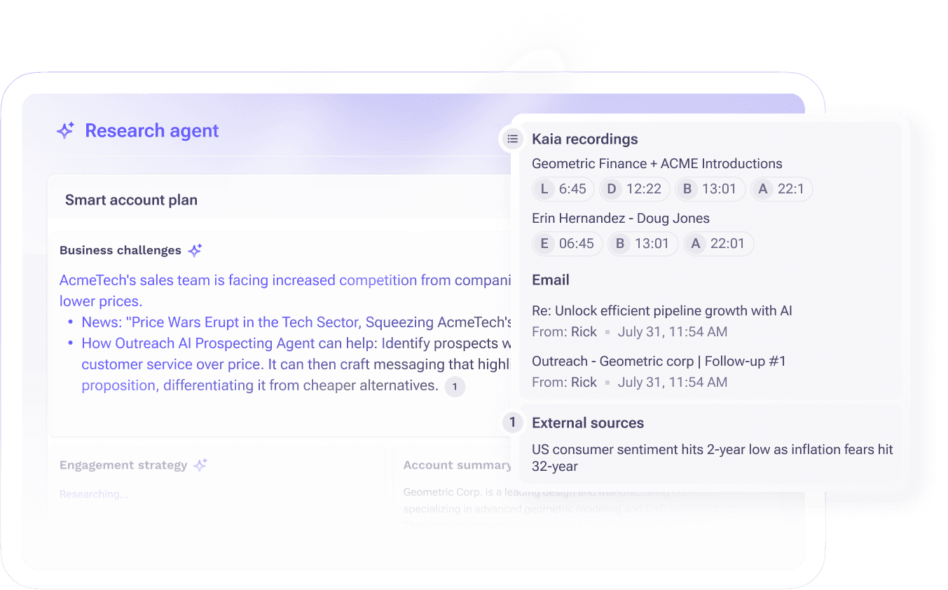 Screenshot of a Research Agent interface showing a Smart Account Plan with detailed business challenges for Geometric Corp, linked Kaia recordings, related emails, and external news sources.