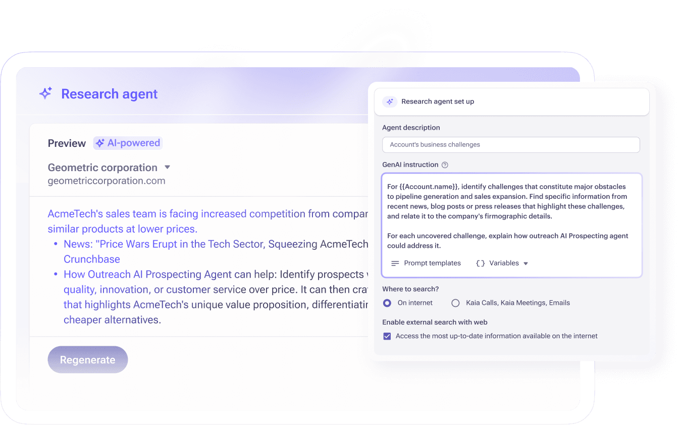Screenshot of a Research Agent setup interface showing AI-powered account business challenge analysis with GenAI instructions, data sources, and external search options.